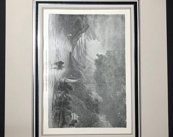 May include: A black and white engraving of a lake scene with a boat and people in the foreground. The text "Sabbath Day Point, Lake George" is visible at the bottom left corner.