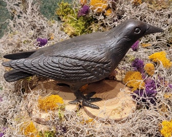 May include: A black cast iron crow figurine with detailed feathers. The crow is perched on a wooden base and surrounded by dried moss.