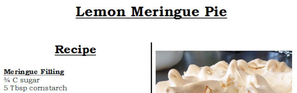 Lemon Meringue Pie Recipe (PDF) Download (printable) - Etsy