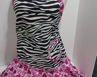 Zebra & Hearts Apron for Women Cute Pocket Pink