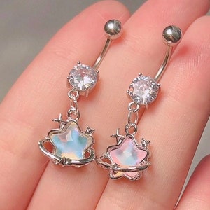 Opalescent Star Belly Ring | 2000s Y2K Sparkly Dangle Body jewelry, Silver Pink Blue Egirl Navel Piercing, cosmic celestial gift for her