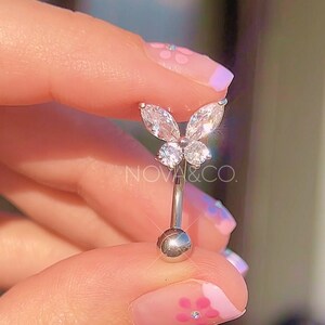 Upside Down Butterfly Belly Button Ring - Y2K 2000s Sparkly Body Jewelry - Mariposa Surgical Steel Piercing, Icy Pink Gem Reverse Navel