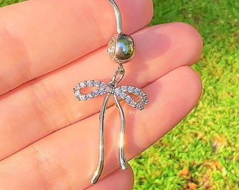 Coquette Dangle Bow Aesthetic Belly Button Ring | Silver Belly Bar, Y2k 2000s Body Jewelry, Kawaii Aesthetic Dolly Dangly Navel Piercing