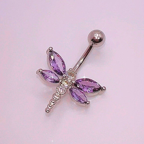 Purple Dragonfly Belly Ring | Dainty Butterfly Belly Button Ring, Delicate Navel Piercing, Small Minimalist Belly Bar, Purple Body Jewelry