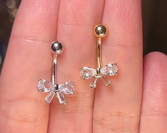 Coquette Dainty Bow Aesthetic Belly Button Ring - Gold Silver Belly Bar - Y2k 2000s Body Jewelry - Kawaii Aesthetic Dolly - Navel Piercing