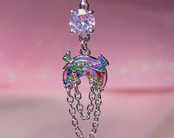 Rainbow Fairy Dainty Aesthetic Belly Button Ring | Silver Belly Bar Y2k 2000s Dangle Body Jewelry - Kawaii Aesthetic Navel Piercing