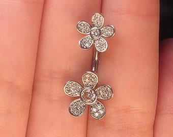 Dainty Belly Ring | Flower belly button ring, navel piercing, sparkly belly ring, floral belly piercing jewelry, double end belly ring