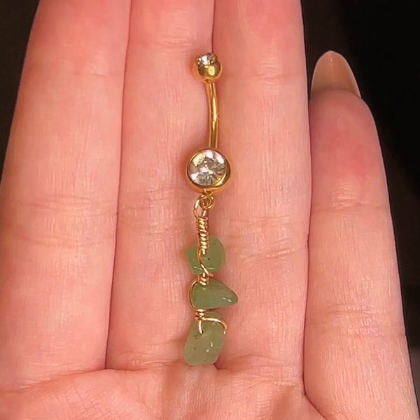 Vintage Gold Dangle Belly Button Ring, Green Crystal Dangly Aventurine Belly Button Ring, Dainty Belly Button Ring, Gemstone Navel Piercing