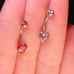 Dainty Heart Belly Button Ring | Pink, Red Belly Ring, Cute Body Jewelry, Navel Piercing, Dainty Elegant Belly Ring, CZ Sparkle Belly Bar