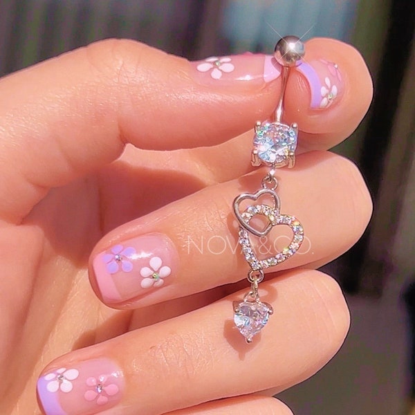 Silver Heart Dangle Belly Ring | Y2K 2000s Dainty Cubic Zirconia Navel Piercing