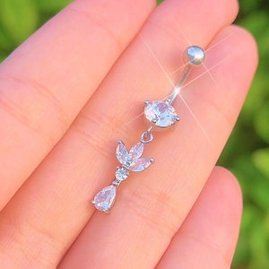 Silver Lotus Belly Button Ring - Y2K 2000s Sparkly Body Jewelry - Surgical Steel Dangle Navel Piercing - Dainty Belly Bar 10MM 14G