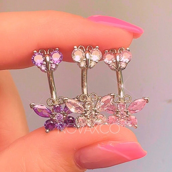 BAGUE NOMBRE DE VENTRE PAPILLON – Piercing nombril zircone cubique et acier chirurgical Rose violet Année 2000