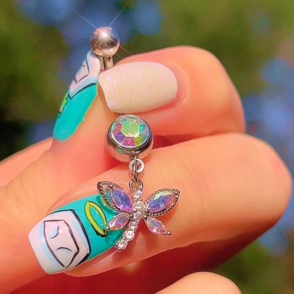 Opalescent Dragonfly Belly Button Ring - Y2K 2000s Opal Sparkly Body Jewelry - Surgical Steel - Navel Piercing - Double Belly Bar 10MM 14G