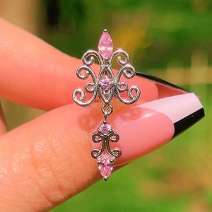 Pink Dangly Belly Ring - Top Down Dainty Navel Piercing - Cottagecore