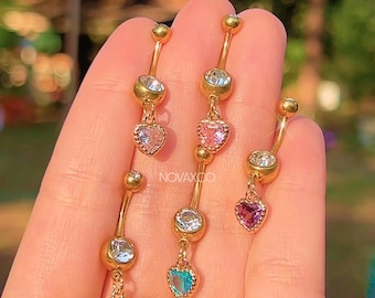 Piercing para ombligo con forma de corazón colgante y delicado / Piercing para ombligo pequeño, brillante y colorido de 14G