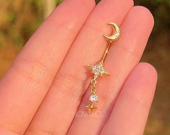 Star Moon Dangle Belly Button Ring | Dangly Sparkly Navel Piercing, Celestial Dainty Double End