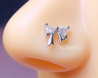 Cute Nose Stud | CZ Nose Stud, Dainty Tiny Nose Hoop, Bow Coquette Nose Pins, Gold Silver Surgical Steel L-Shape Nose Ring