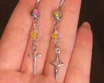 Silver Star Dangle Belly Button Ring - Celestial Angel Sparkly Body Jewelry - Navel Piercing - Hearts Kawaii Saturn - Knife egirl Belly Ring