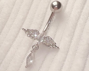 Mini Angel Dangle Belly Ring | Cubic Zirconia Sparkly Tiny Navel Jewelry