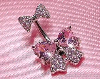 Coquette Pink Bow Aesthetic Belly Button Ring - Double End Belly Bar - Y2k 2000s Body Jewelry - Kawaii Aesthetic Dangle - Navel Piercing