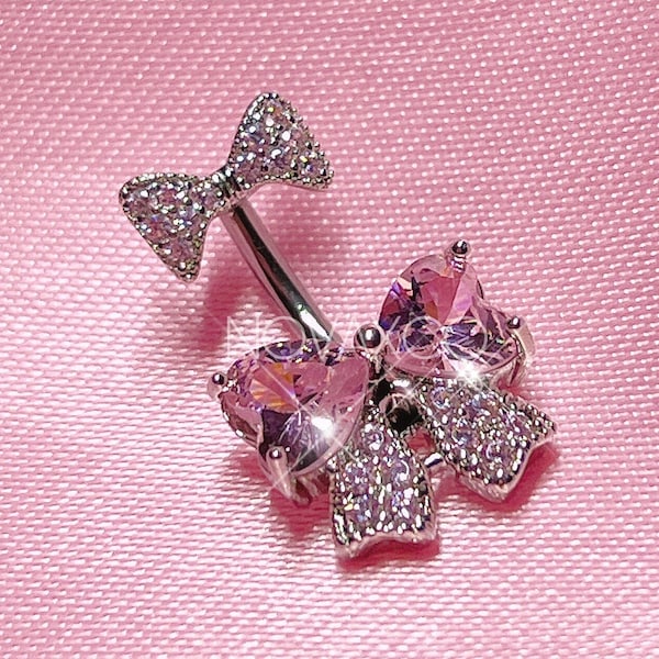 Coquette Pink Bow Aesthetic Belly Button Ring - Double End Belly Bar - Y2k 2000s Body Jewelry - Kawaii Aesthetic Dangle - Navel Piercing