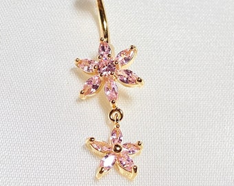 Cute Belly Button Ring - Flower Sakura Cherry Blossom Gold Plated Body Jewelry - Rose Gold - Naval Piercing - Baddie Aesthetic Trendy