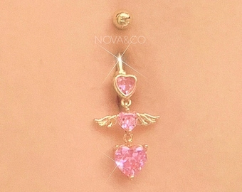 Sparkly Angel Heart Belly Button Ring - Sparkly Y2K 2000s Body Jewelry - 316L Stainless Steel - Navel Piercing