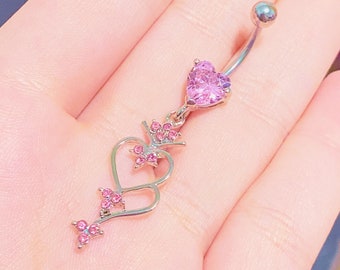 Pink Heart Belly Button Ring - Y2k 2000s Aesthetic Body Jewelry - Surgical Steel Navel Piercing - Kawaii Cute Pinterest Inspired