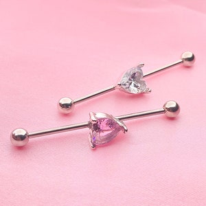 Angel Heart Industrial Bar Barbell - Pink Clear Heart Cartilage Piercing  Y2k 2000s Body Jewelry - Surgical Steel - Body Jewelry
