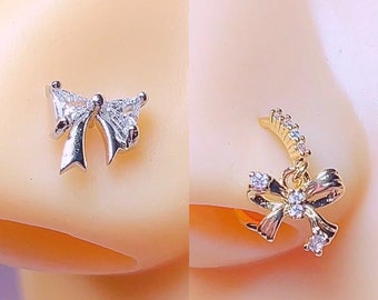 Dainty Nose Rings | CZ Nose Stud, Cute Tiny Nose Hoop, Bow Coquette Nose Pins, Gold Silver Surgical Steel L-Shape Nose Ring