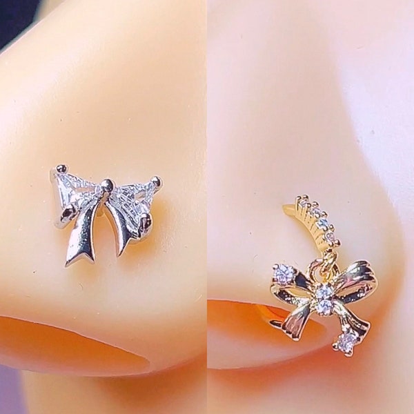 Dainty Nose Rings | CZ Nose Stud, Cute Tiny Nose Hoop, Bow Coquette Nose Pins, Gold Silver Surgical Steel L-Shape Nose Ring