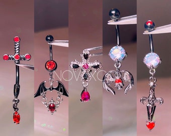 Goth Aesthetic Belly Rings | Cute Black Body Jewelry, Emo Egirl Punk Dangle, Gothic Navel Piercing, Religious Skull Cross Knife Dagger