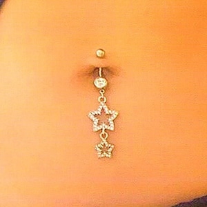 Star Dangly Belly Ring | Double Star Belly Bar - Navel Piercing - Body Jewelry