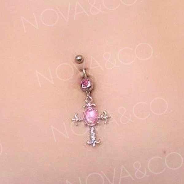 Pink Cross Belly Button Ring | Y2k 2000 Aesthetic Body Jewelry, Baddie Dangle Belly Bar, Cute Unique Surgical Steel Religious Navel Piercing