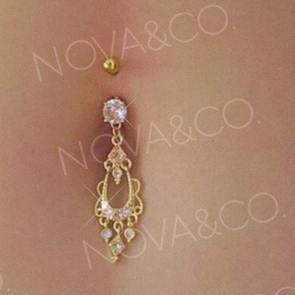 Gold Elegant Dangle Belly Button Ring | Dainty Delicate Belly Ring, Celestial Vintage Belly Rings, Unique Cute Navel Belly Button Jewelry