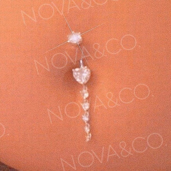 Long heart dangle belly piercing - sparkly belly button ring