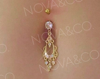 Gold Dangle Belly Ring | Elegant Dainty Delicate, Timeless Vintage Navel Jewelry
