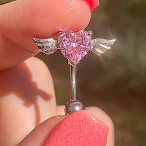 Top Down CZ Heart Belly Ring, Surgical Steel Dainty Reverse Navel Piercing Belly Button Rings, Delicate Sexy Body Jewelry, Angel Wing Heart