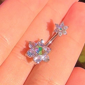 Icy Opal Silver Flower Belly Button Ring - Y2K 2000s Sparkly Body Jewelry - Surgical Steel - Navel Piercing - Double Belly Bar 10MM 14G