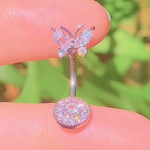 Icy Silver Butterfly Belly Button Ring - Y2K 2000s Sparkly Body Jewelry - Navel Piercing - Double Belly Bar 10MM 14G