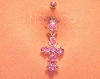 Sparkly Pink Cross Aesthetic Belly Button Ring -  Y2k 2000s Body Jewelry - Baddie Aesthetic Dangle - Surgical Steel Navel Piercing