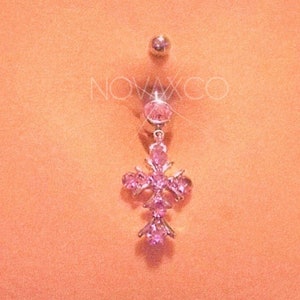 Sparkly Pink Cross Aesthetic Belly Button Ring -  Y2k 2000s Body Jewelry - Baddie Aesthetic Dangle - Surgical Steel Navel Piercing