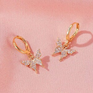 Icy Butterfly Earrings, Mariposa Crystal Huggie Earrings Gold Plated ...