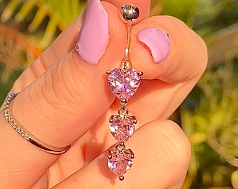 Cascading Stars Dangle Belly Button Ring Pink CZ Gems Charm Surgical Steel 316L