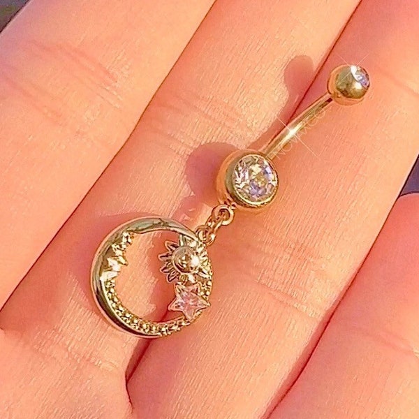 Opal Star Crescent Moon and Sun Dangle Belly Button Ring - Y2K Sparkly Body Jewelry - Indie Hippie Charm - Surgical Steel Navel Piercing