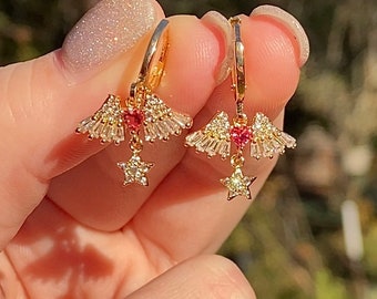 Coquette Angel Moon Star Wings Dainty Hoop Earrings - Feminine Cute Jewelry - Heart with wings Magic Girl Aesthetic Hoops - Gift for Her