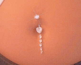 Long heart dangle belly piercing - sparkly belly button ring