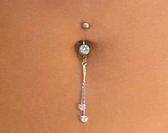 Heart Dangle Belly Ring | Y2K 2000s Sparkly Body Jewelry, Surgical Steel Navel Piercing, Dangle Belly Button Ring, Dainty Cute Belly Bar