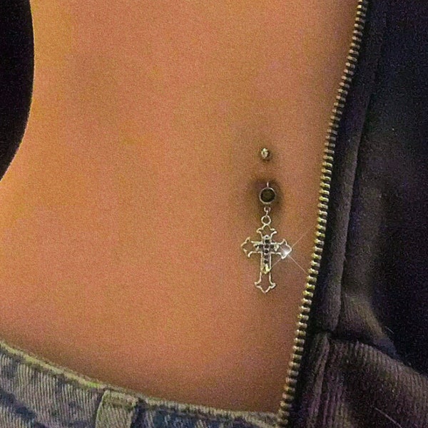 Cross Aesthetic Belly Button Ring - Y2k 2000s Black Body Jewelry - Baddie Aesthetic Dangle - Surgical Steel Navel Piercing - Religious