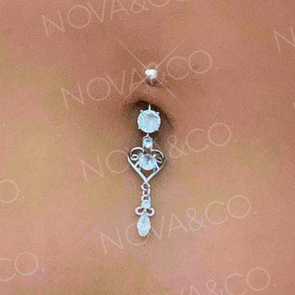 Silver Heart Coquette Dangle Belly Ring | Sparkly Angelic Belly Button Ring - Navel Piercing - Princess Icy belly ring valentine